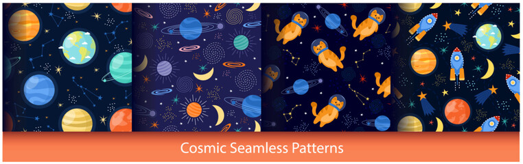Cute space seamless pattern vector illustration set. Cartoon rocket spaceship and cat in astronaut suit, stars planet of solar system, cosmos galaxy exploration for kids template design background © Natalia
