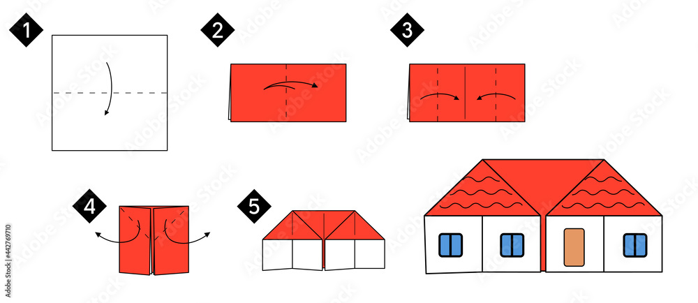 Poster step by step how to make origami house. vector blzck line color instructions illustration. home diy.