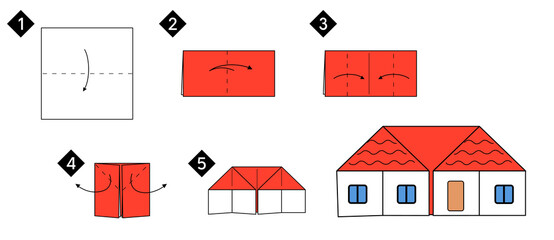 Step by step how to make origami house. Vector blzck line color instructions illustration. Home DIY.