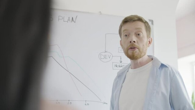 Angry company head scolding employees for bad work results, standing near board