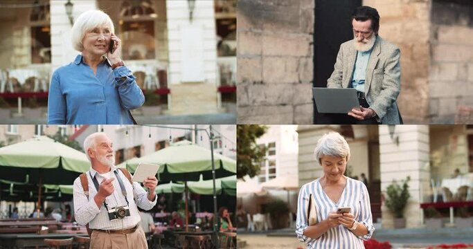 Senior people using gadgets and feeling great at the street at the summer day. Waist up portrait view of the happy mature people spending time with their devices