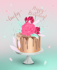 happy birthday card with cake decorated with roses and toppers happy birthday and lucky. on a blue and pink background  with sweets. golden cake