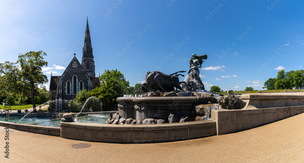 Poster the st. alban church and gefionspringvandet fountain in downtown copenhagen