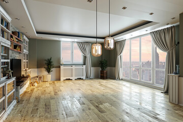 bright empty interior design, stone wall. 3D illustration