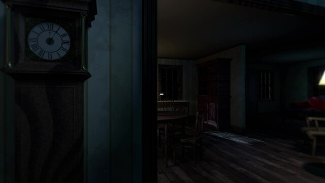 Scary empty old house at night. Camera panning animation. 3d rendering, seamless loop.