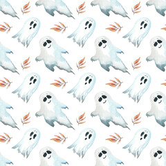 Seamless watercolor pattern with ghosts. Halloween. Pattern for fabric