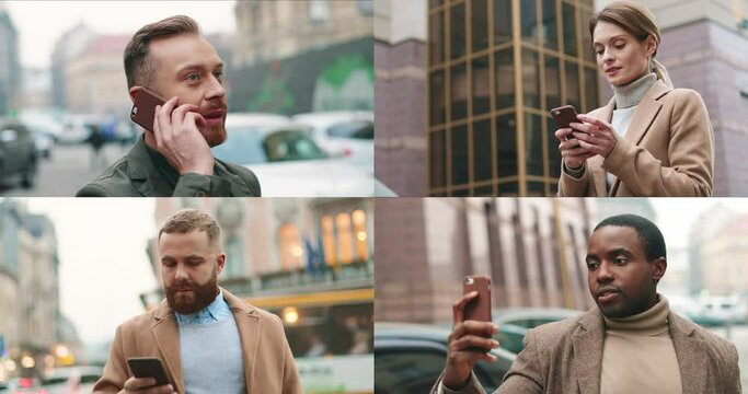 Collage multi camera women and man using the voice recognition ai audio message on the phone, audio message ai speech helper, collage people faces. People using smartphones