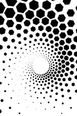 Abstract Black and White Geometric Pattern with Hexagons. Spiral-like Spotted Tunnel. Contrasty Halftone Optical Psychedelic Illusion. Raster. 3D Illustration
