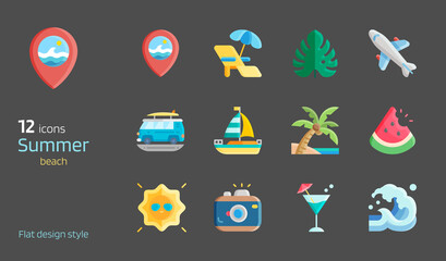 Summer beach flat design icon set