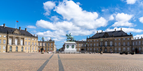 view of the equestrian statue of Frederik V and the Amalienborg Castle in Copenhagen