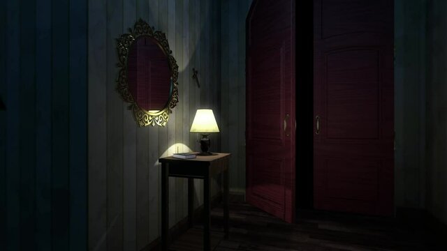 Paranormal activity. Scary house haunted by ghosts and demons. Camera panning animation. 3d rendering, seamless loop.