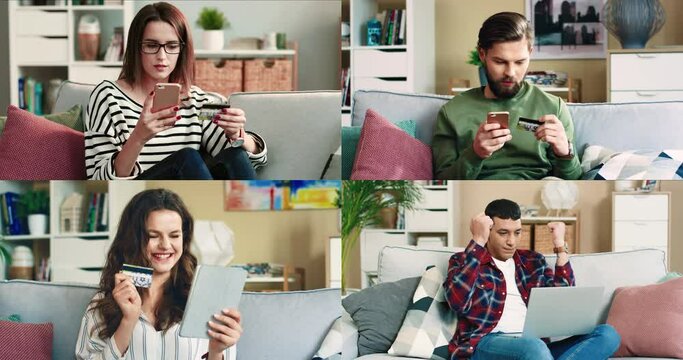 Split screen collage. Collage of focused people shopping online with smartphone and computer while sitting at home. People holding credit card and typing card number on their gadgets. Online shopping