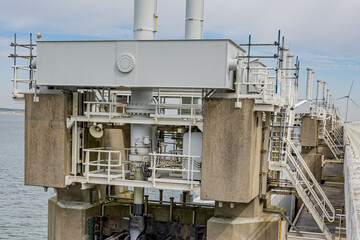 Close-up of a structure at Delta Works with dams, sluices, locks, dykes, levees, and storm surge barriers. Environmental and ecological awareness engineering.in South Holland and Zeeland, Netherlands