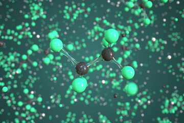 Chloropentafluoroethane molecule made with balls, scientific molecular model. Chemical 3d rendering