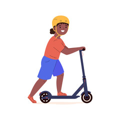 Happy little girl in a helmet riding electric walk scooter. Modern child character driving eco urban transport. Active sports and walks. Colored flat vector illustration isolated on white background.