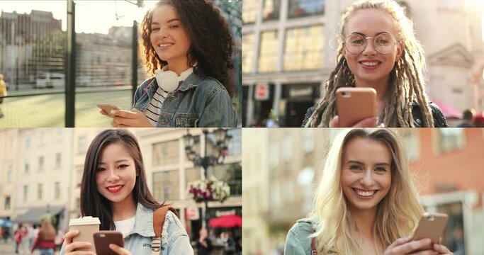 Collage multi camera portrait of student girls on the street with smartphones. Girls browsing mobile apps or typing messages through the Internet. Collage faces