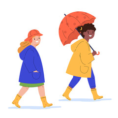 Children in raincoats and with umbrella in the rain. Girls walk in the rain. Flat vector cartoon illustration isolated on white background.