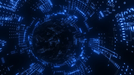 Abstract technology digital tunnel, pipe. Circle shape. Glowing background