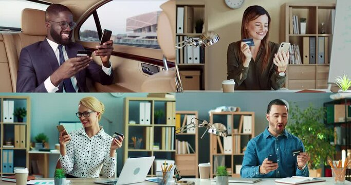Collage of medium shots of young afro-american man at the car and people of different ages sitting at the office and typing on smartphone, choosing goods, paying online with credit card. Online