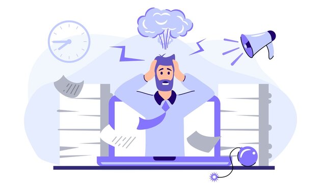Emotional burnout Man head exploding under anxiety pressure Social demands and work life balance problems Acute stress disorder Work related stress concept vector illustration