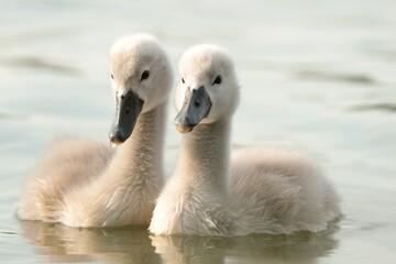 Fototapeta premium Young swans in the pond at sunset
