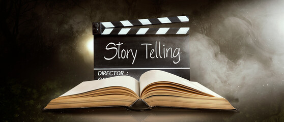 Storytelling, text title on the film slate, Screenwriting concept. - obrazy, fototapety, plakaty