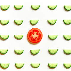 repeating pattern of sliced semicircles of fresh raw vegetable cucumbers for salad and a slice of tomato in the center isolated on a white background flat lay, top view. square