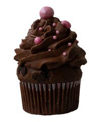 Chocolate cupcake with chocolate cream decorated with pastry balls. Isolated on white.