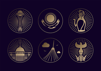 Simple set of Nur-Sultan vector line icons. Contains such icons as Baiterek, sun, eagle, camel