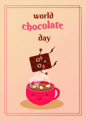 World chocolate day. July celebrate holidays. Happy kids event. Chocolate characters.