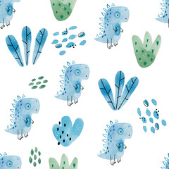 Watercolor hand-drawn colored seamless repeating children pattern with cute dinosaurs leaves and plants in Scandinavian style on a white background. Baby pattern with dinosaurs. Cute baby animals. © ZHUKO