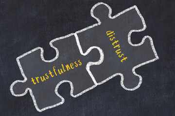 Chalk drawing of two puzzles with words trustfulness and distrust - obrazy, fototapety, plakaty