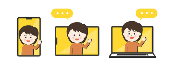 Set of women having a video call with someone. Vector illustration isolated on white background.