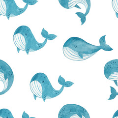 Watercolor cute hand drawn seamless pattern with whales on white background. Watercolor texture in childish style great for fabric and textile, wallpapers, backgrounds. Underwater.