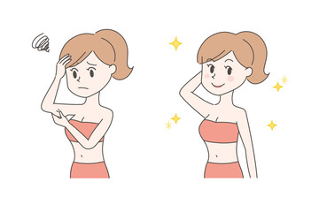 The before and after of a woman losing more upper arms fat. Vector illustration isolated on a red background.