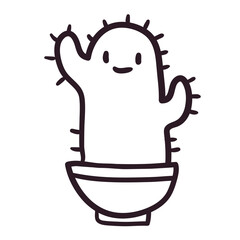 Cute isolated vector illustration. Doodle sticker of a cactus in a pot with a face and a smile. Children icon of a trendy plant in line art style.