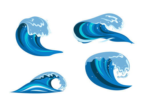 Tsumani waves set in flat cartoon style. Big blue tropical water splashes with white foam. Vector illustration isolated in white background