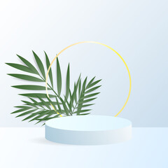 Abstract minimal product display with green plant leaves presentation in blue background ,podium display minimal, illustration 3d Vector EPS 10