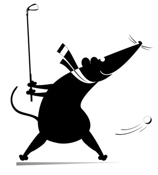 Cartoon rat or mouse plays golf illustration. 
Funny rat or mouse tries to do a good kick black on white
