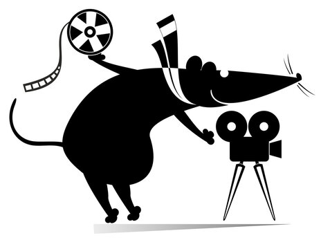 Cartoon rat or mouse, movie projector, tape illustration. Funny rat or mouse stands near the movie projector and holds a tape black on white