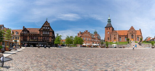 panorama view of the city square and historic town hall and cathedral in Svendborg