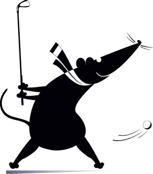 Cartoon rat or mouse plays golf illustration. 
Funny rat or mouse tries to do a good kick black on white
