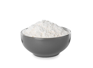 Fresh flour in grey bowl isolated on white