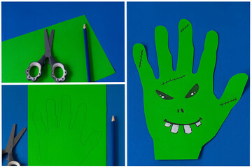 How to make a funny hand-shaped monster out of colored paper. Halloween decoration. Step-by-step instruction. Collage. A simple creative idea with your own hands. DIY children's art project.