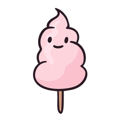 Cute isolated vector illustration. Doodle sticker of ice cream or cotton candy on a stick with a face and a smile. Children icon of trendy sweets in line art style.