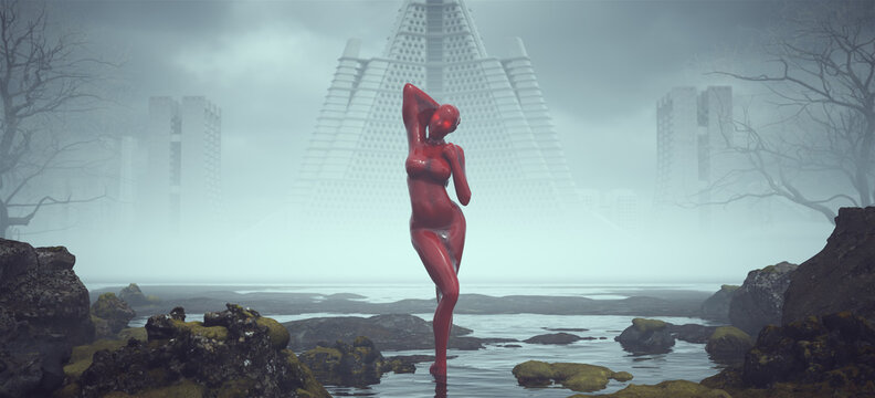 Futuristic Sci Fi Alien Villain Space woman in Red Shrink Wrap Suit with Glowing Eyes in Alien Landscape Mysterious Foggy Abandoned Brutalist Architecture 3d illustration render
