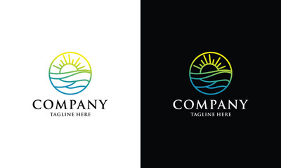 Vector logo circle with yellow sun and blue ocean waves. Vector logotype