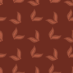 Decorative seamless pattern with herbal leaves ornament. Maroon pale background. Natural botany print.