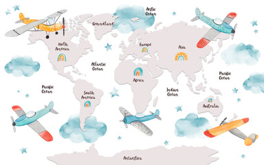 World map for kids with cute cartoon planes, clouds and rainbows. Children's map design for wallpaper, kid's room, wall art. America, Europa, Asia, Africa, Australia, Arctica. Watercolor illustration. © ZHUKO