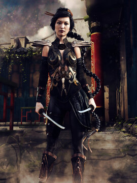Asian woman in a fighter's outfit, with swords, standing in front of a building. 3D render - the woman in the image is a 3D object. 